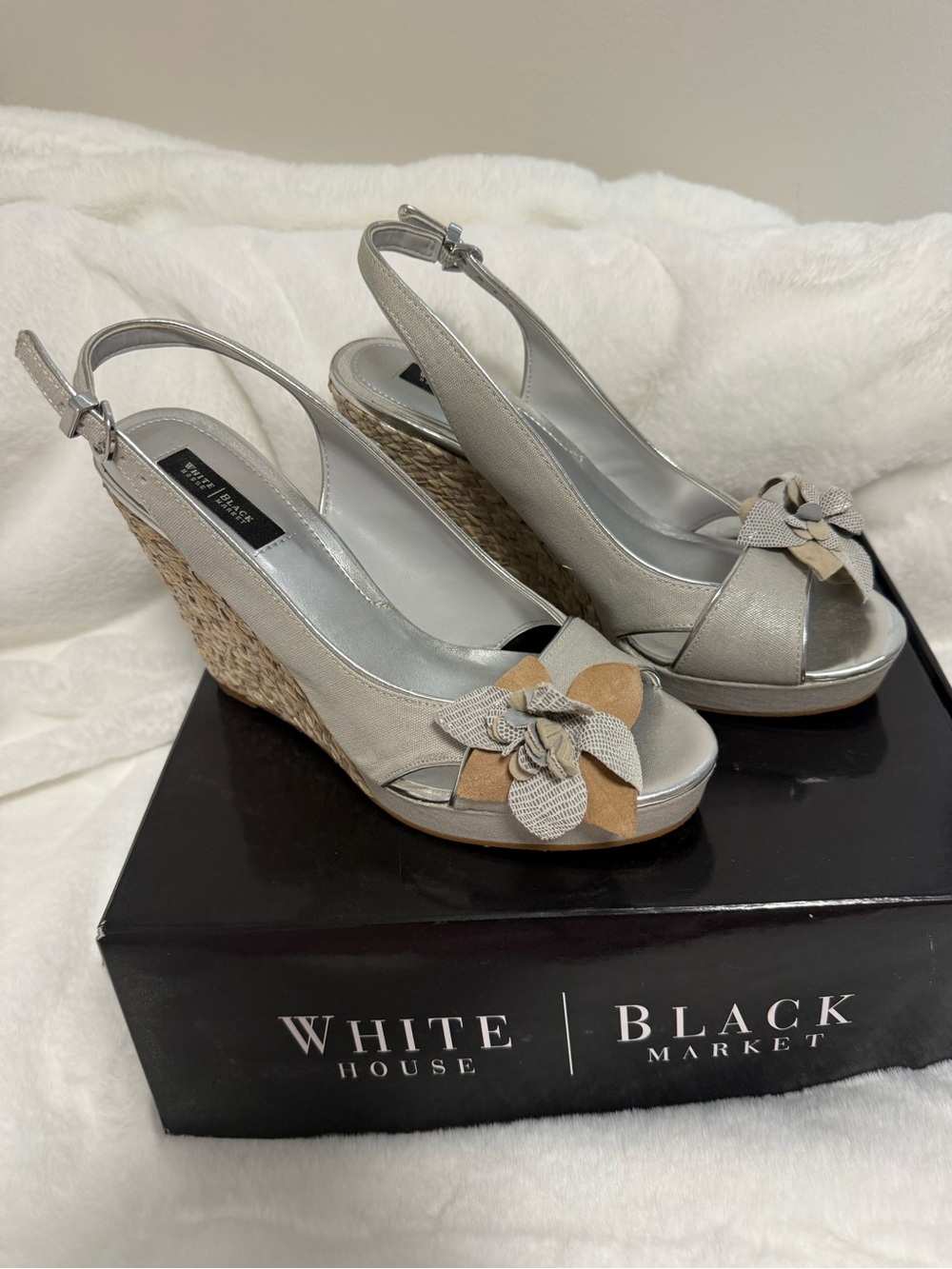 White House Black Market Metallic Silver Peep-Toe Wedge Sandals with Tan Flower